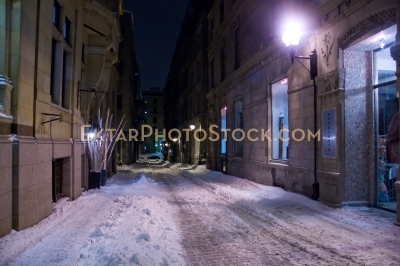 Night winter street view in Montreal snow