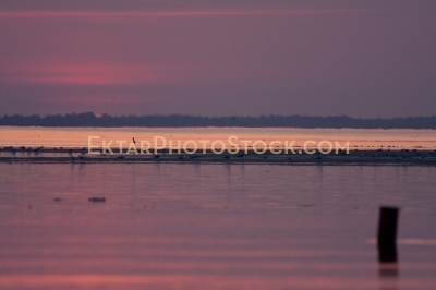 Red glowing sunset and post in the water