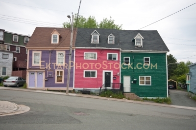 St Johns colorful houses on the street purple red green