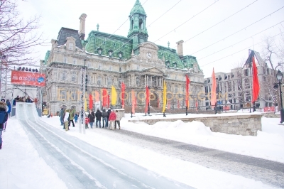 Winter slides in Montreal with nice building at the background